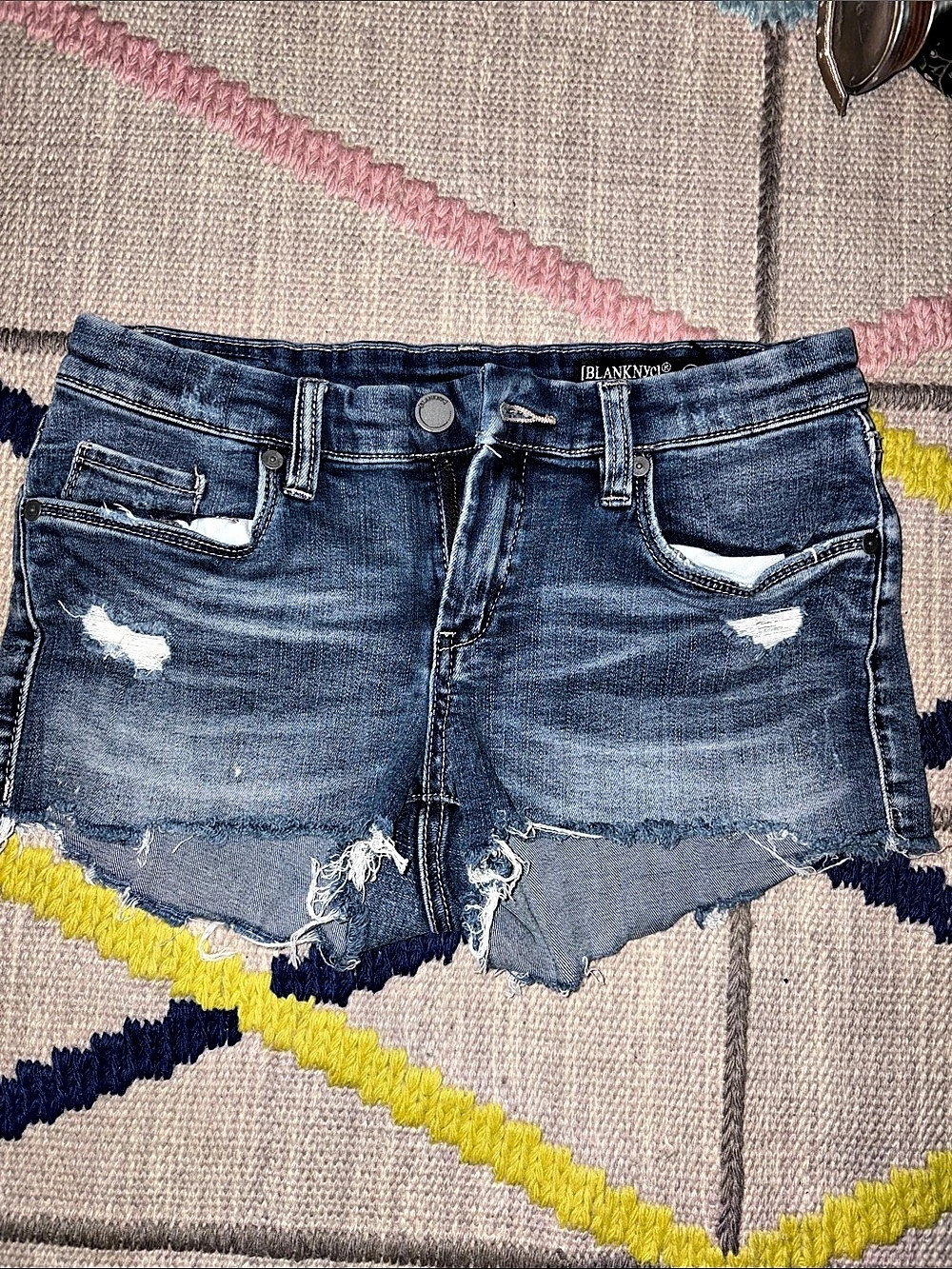 Blank NYC Little Queenie Distressed Denim Jean Shorts Blue Waist 25